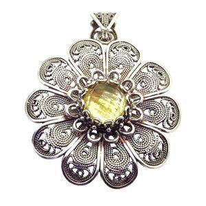 Vintage Sterling Silver DGS Turkey Citrine Filigree Daisy Flower Pendant
